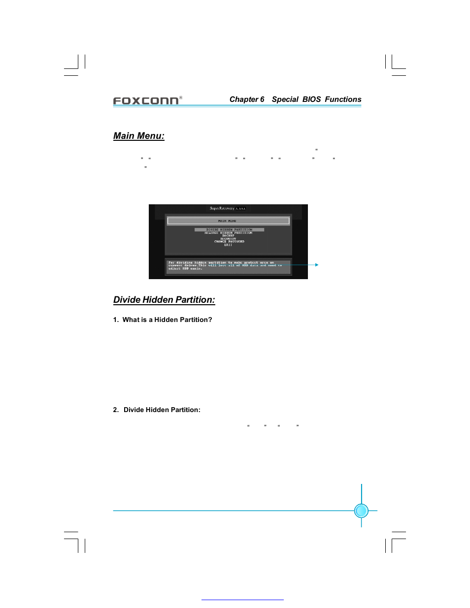 Main menu, Divide hidden partition | Foxconn 915P7AD-8EKRS User Manual | Page 100 / 110