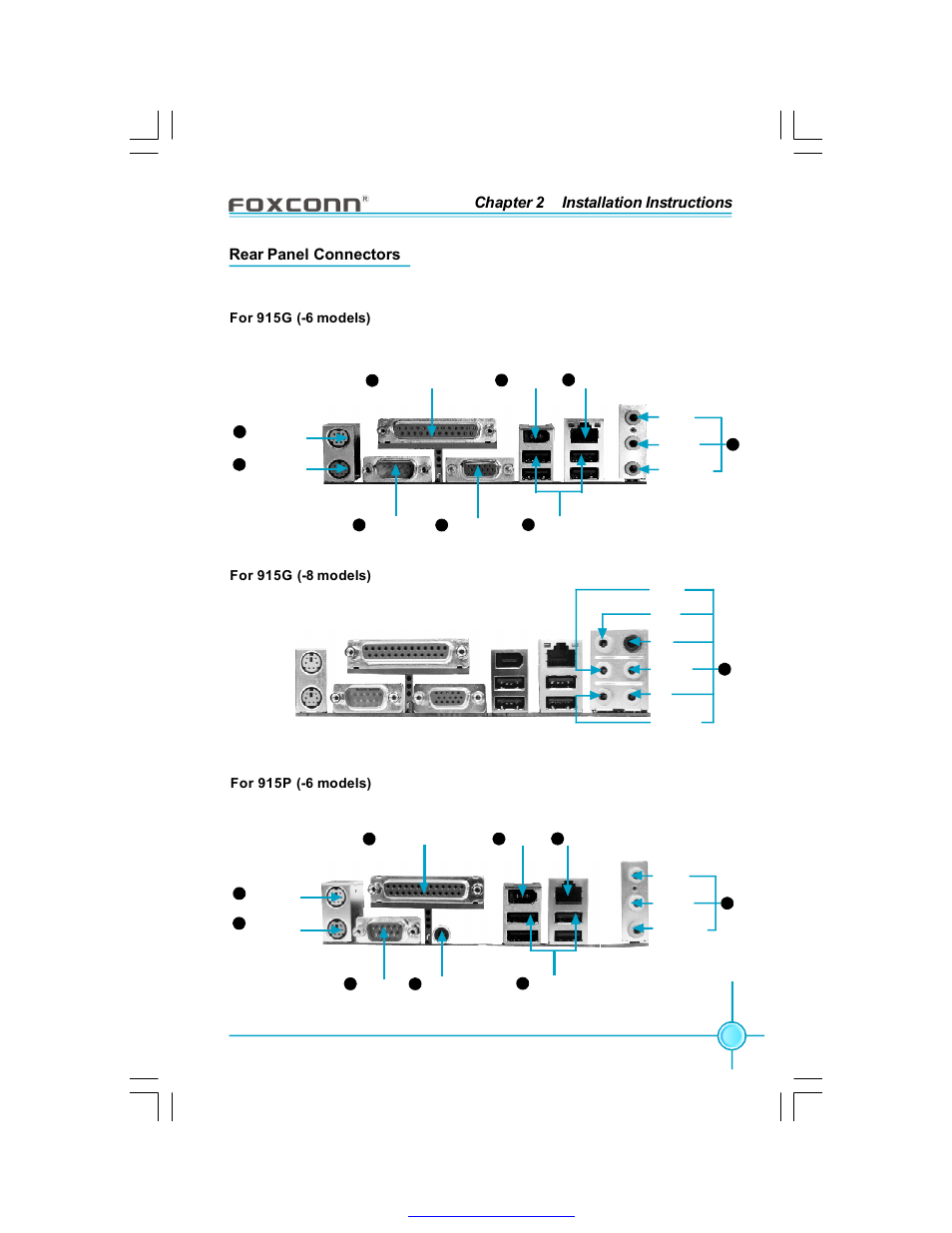 Chapter 2 installation instructions, Rear panel connectors | Foxconn 915P7AD-8EKRS User Manual | Page 24 / 110