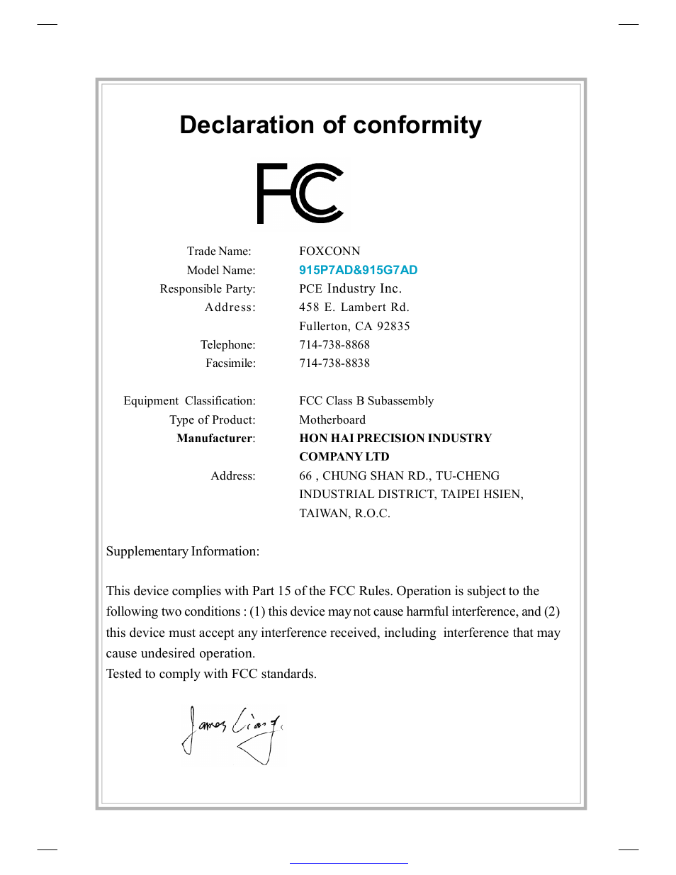 Declaration of conformity | Foxconn 915P7AD-8EKRS User Manual | Page 3 / 110