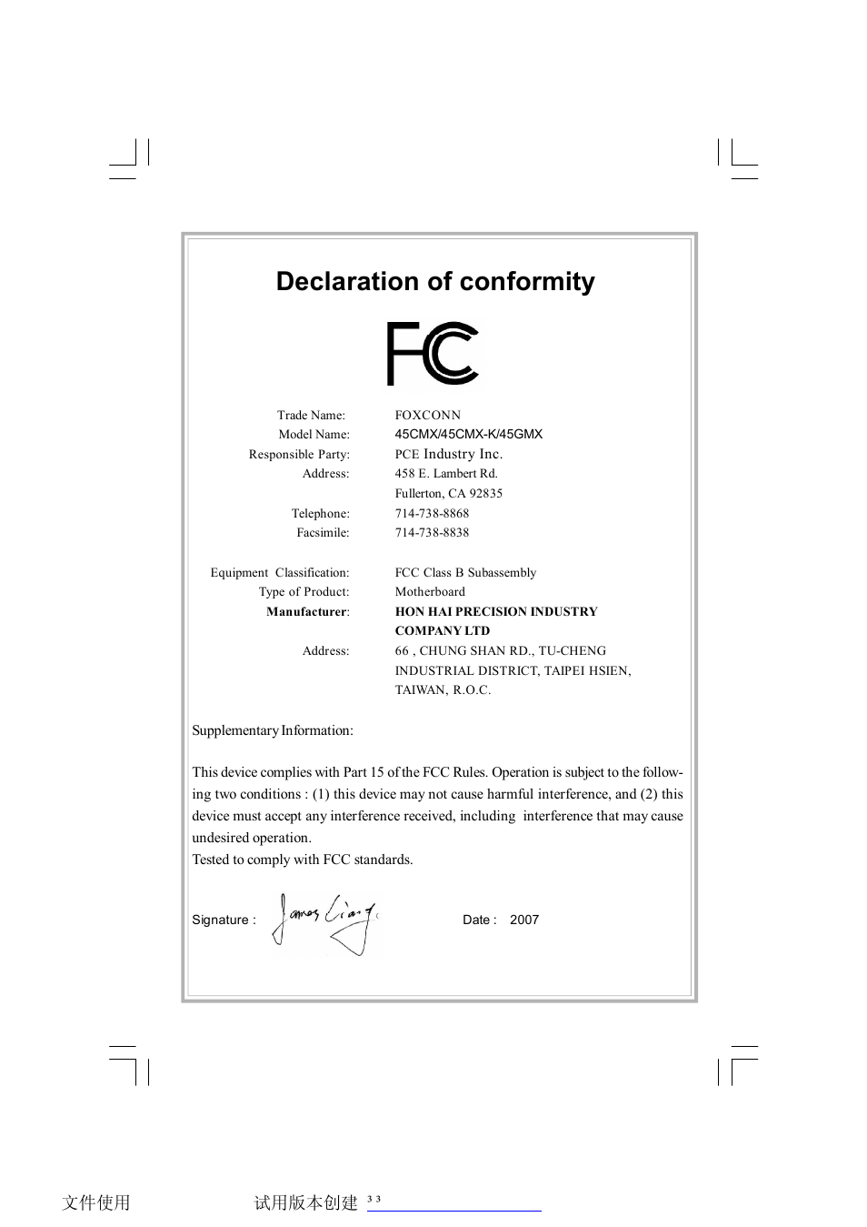 Declaration of conformity | Foxconn 45CMX User Manual | Page 3 / 47