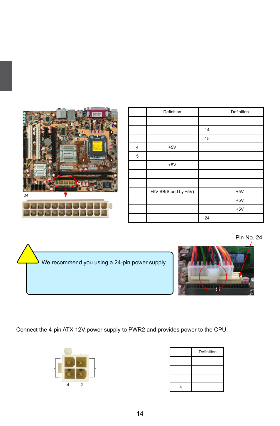 4 install other internal connectors, Power connectors, Pin atx power connector : pwr1 | Pin atx 12 v power connector : pwr2, Pin power pin no. 24, Pwr2, Pwr1 | Foxconn G31MG Series User Manual | Page 21 / 85
