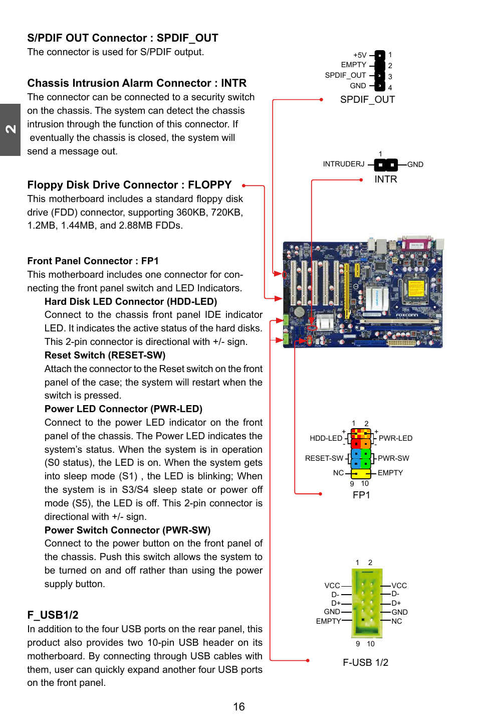 16 s/pdif out connector : spdif_out, Chassis intrusion alarm connector : intr, Floppy disk drive connector : floppy | F_usb1/2 | Foxconn G41AP User Manual | Page 23 / 73