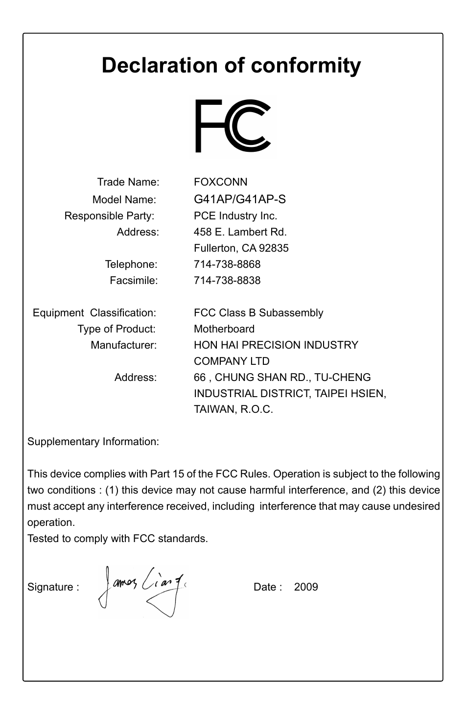 Declaration of conformity | Foxconn G41AP User Manual | Page 4 / 73