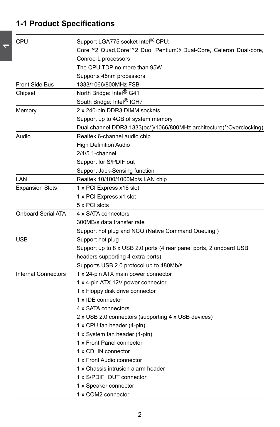 1 product specifications | Foxconn G41AP User Manual | Page 9 / 73