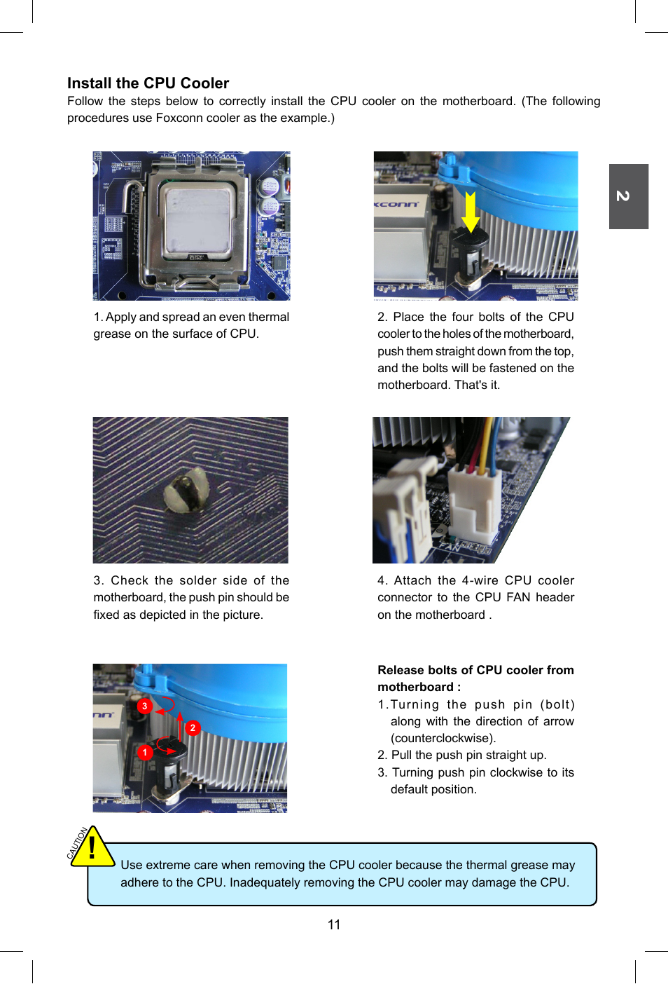 Install the cpu cooler | Foxconn G41M Series User Manual | Page 18 / 75