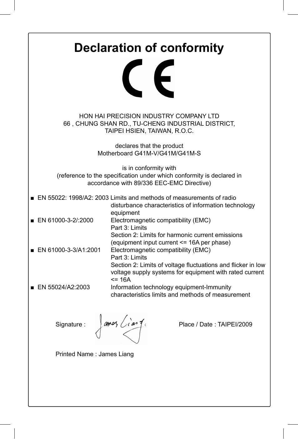 Declaration of conformity | Foxconn G41M Series User Manual | Page 3 / 75