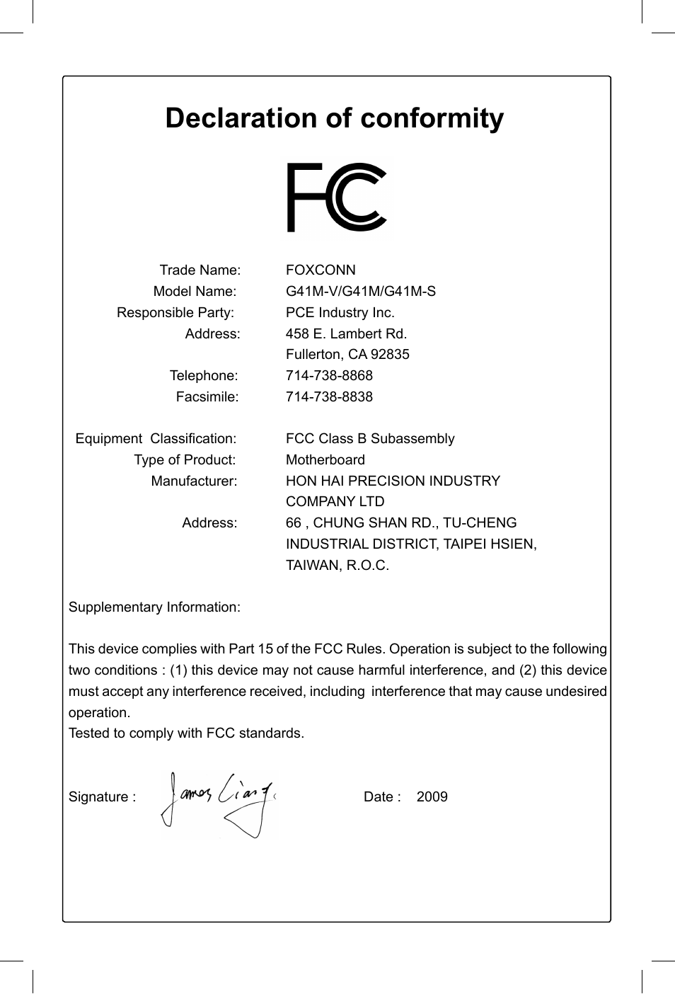 Declaration of conformity | Foxconn G41M Series User Manual | Page 4 / 75