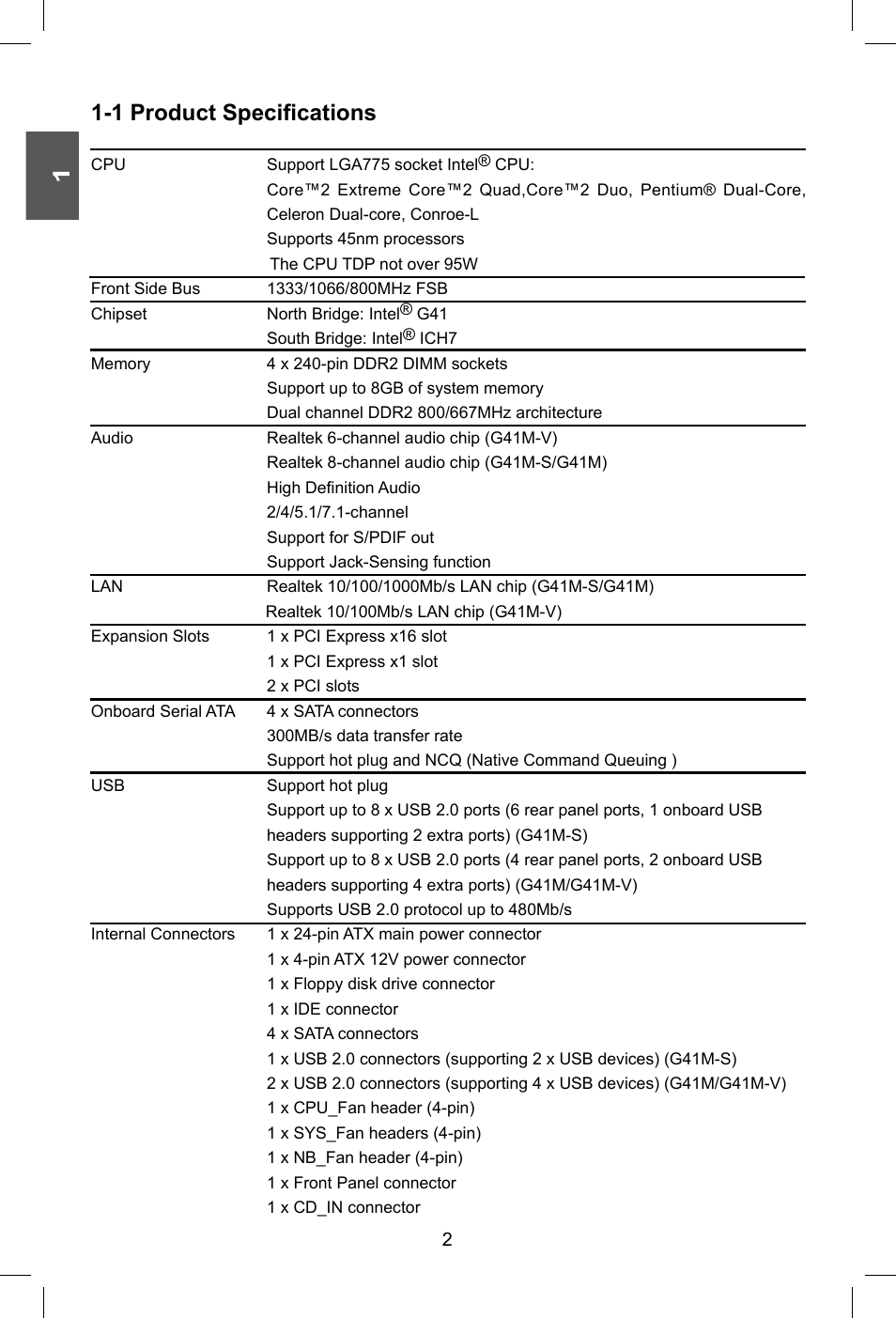 1 product specifications | Foxconn G41M Series User Manual | Page 9 / 75