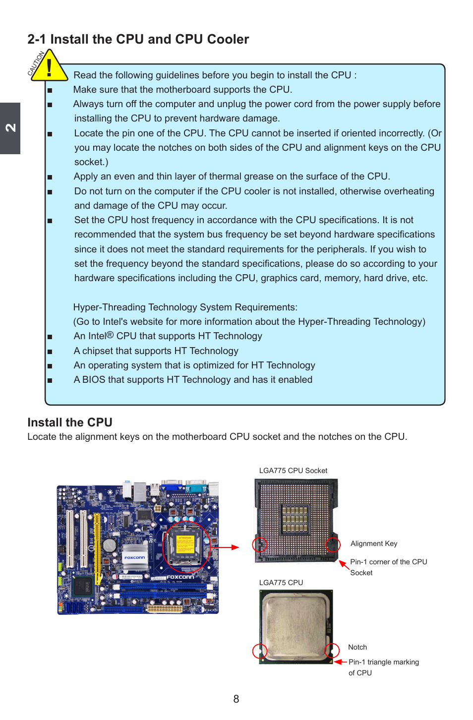 1 install the cpu and cpu cooler, Install the cpu | Foxconn G41MD Series User Manual | Page 15 / 51