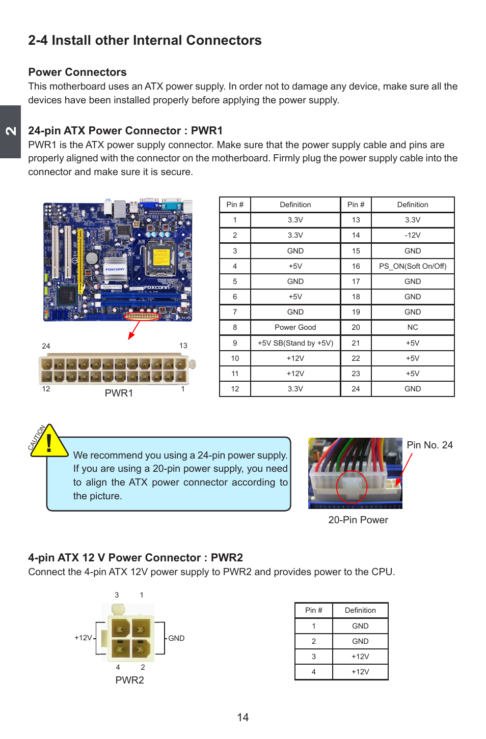 4 install other internal connectors, Power connectors, Pin atx power connector : pwr1 | Pin atx 12 v power connector : pwr2, Pwr1, Pin power pin no. 24, Pwr2 | Foxconn G41MD Series User Manual | Page 21 / 51