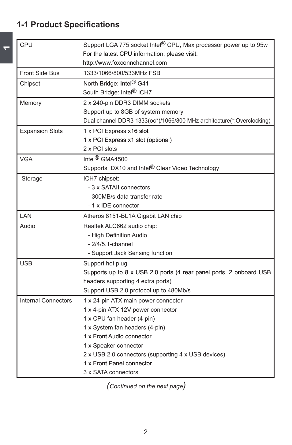 1 product specifications | Foxconn G41MD Series User Manual | Page 9 / 51