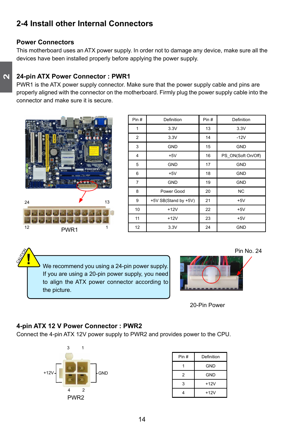 4 install other internal connectors, Power connectors, Pin atx power connector : pwr1 | Pin atx 12 v power connector : pwr2, Pwr1, Pin power pin no. 24, Pwr2 | Foxconn G41MXP User Manual | Page 21 / 74