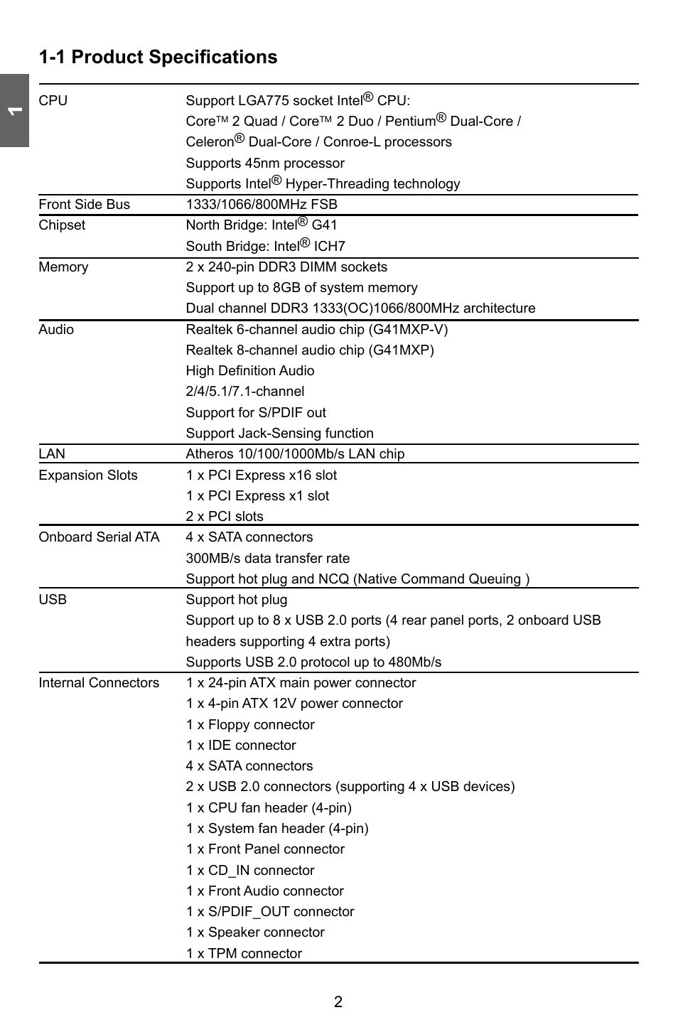 1 product specifications | Foxconn G41MXP User Manual | Page 9 / 74