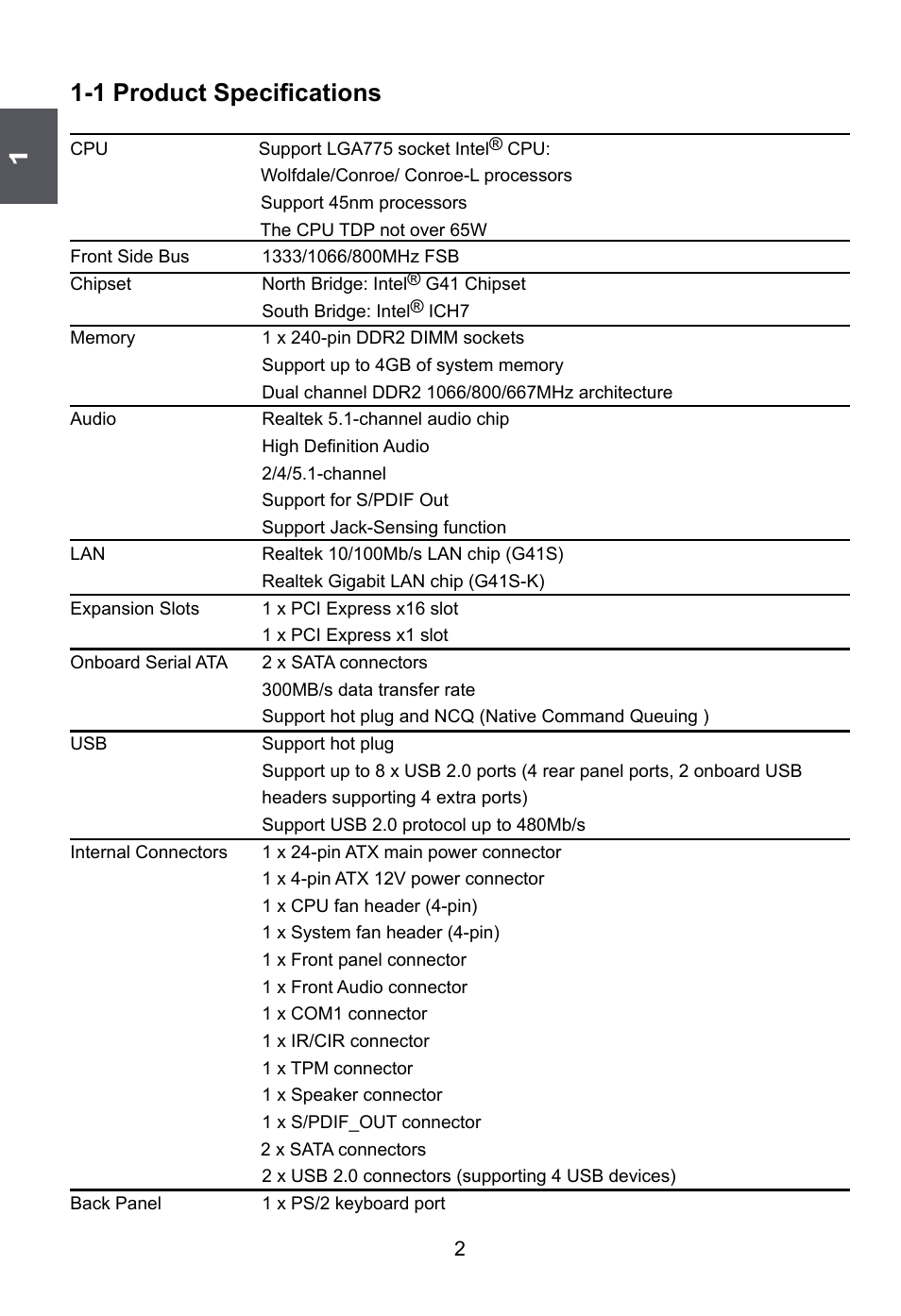 1 product specifications | Foxconn G41S User Manual | Page 9 / 69