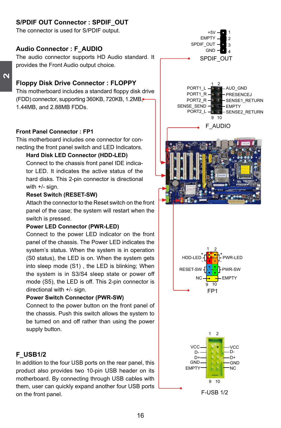 16 s/pdif out connector : spdif_out, Audio connector : f_audio, Floppy disk drive connector : floppy | F_usb1/2 | Foxconn P41A-G User Manual | Page 23 / 72