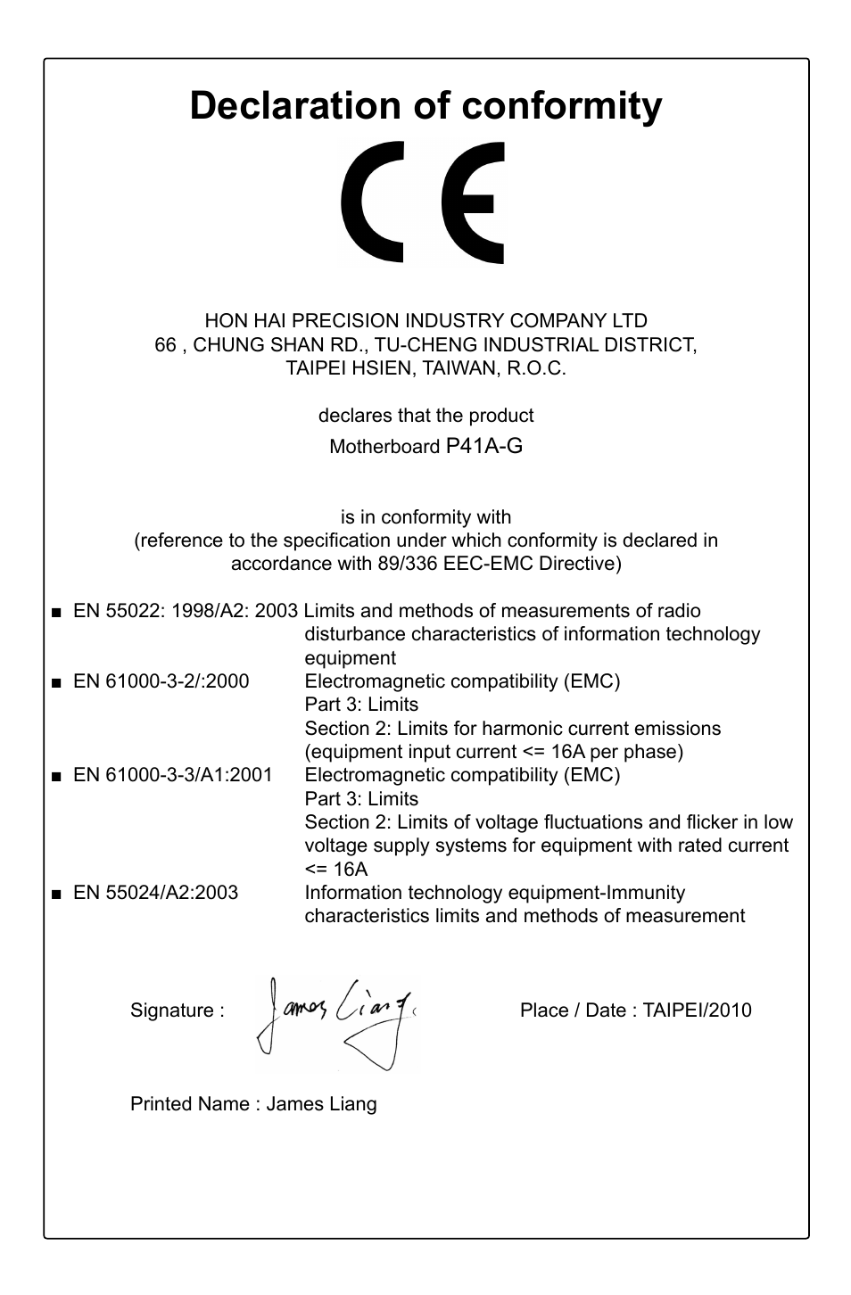 Declaration of conformity | Foxconn P41A-G User Manual | Page 3 / 72