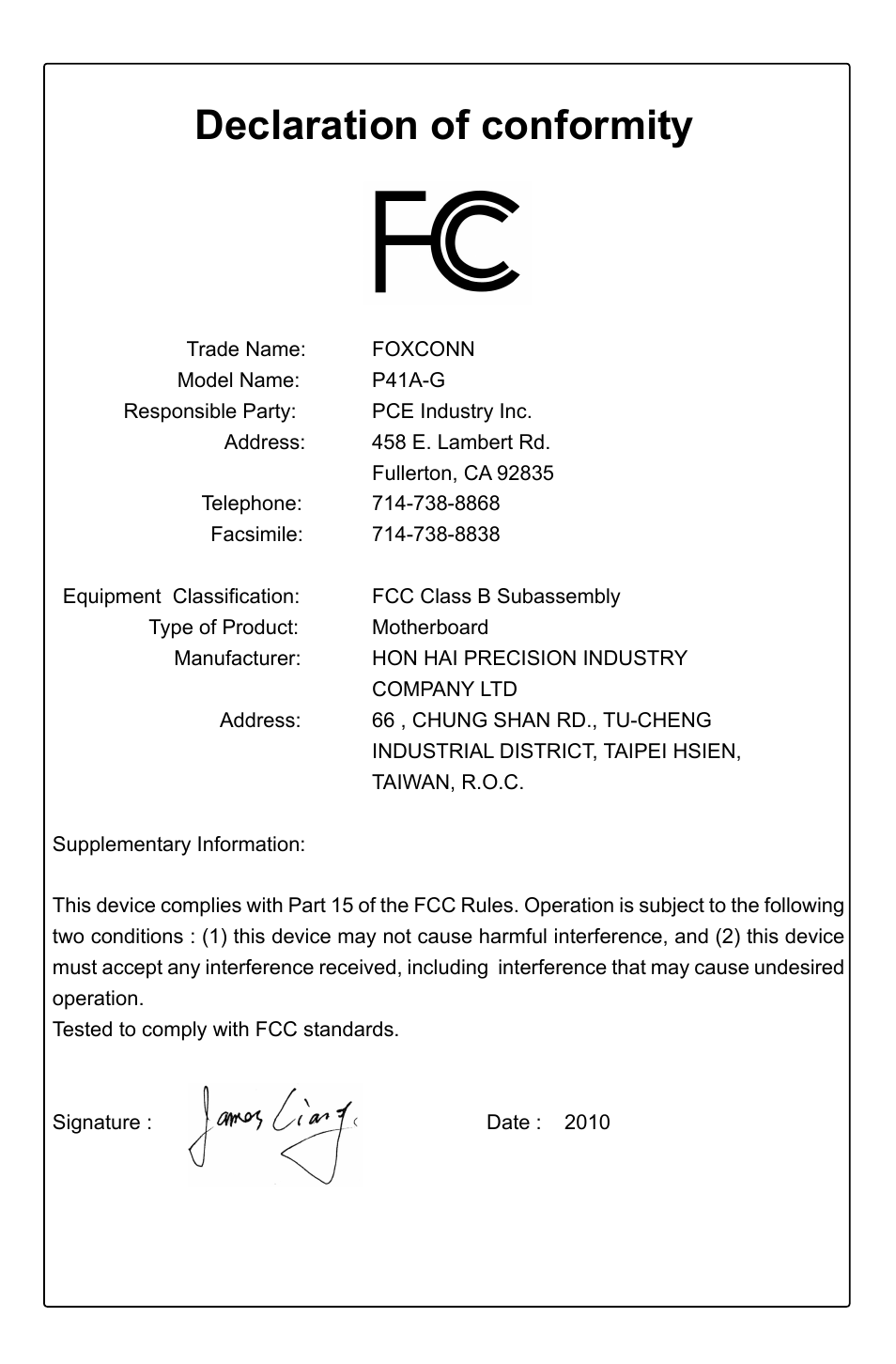 Declaration of conformity | Foxconn P41A-G User Manual | Page 4 / 72