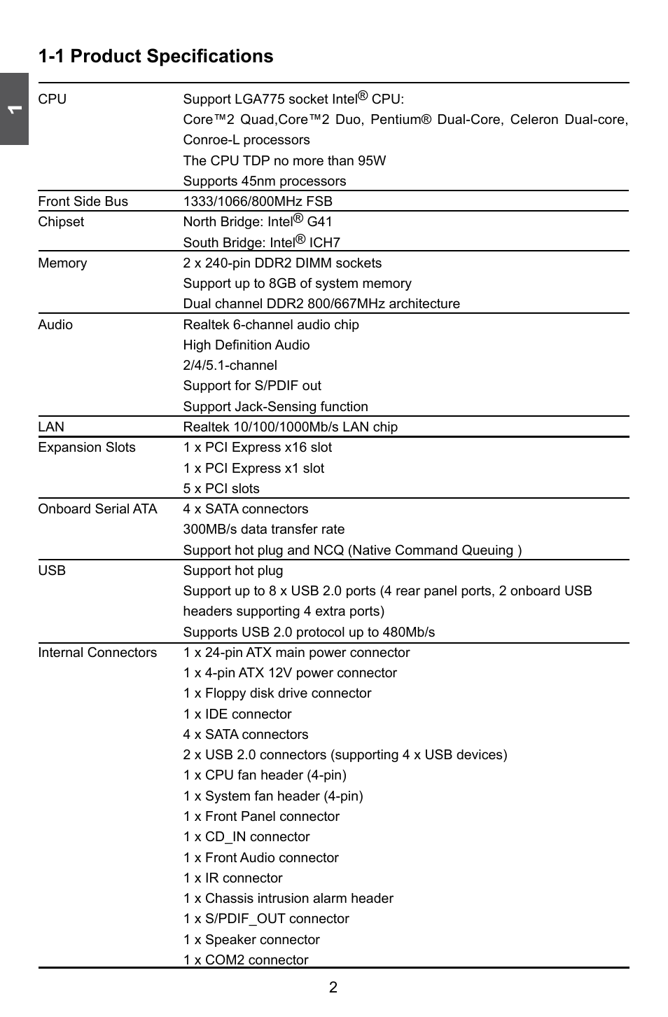 1 product specifications | Foxconn P41A-G User Manual | Page 9 / 72