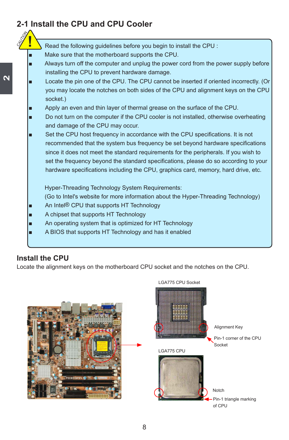 1 install the cpu and cpu cooler, Install the cpu | Foxconn G45MG User Manual | Page 15 / 124