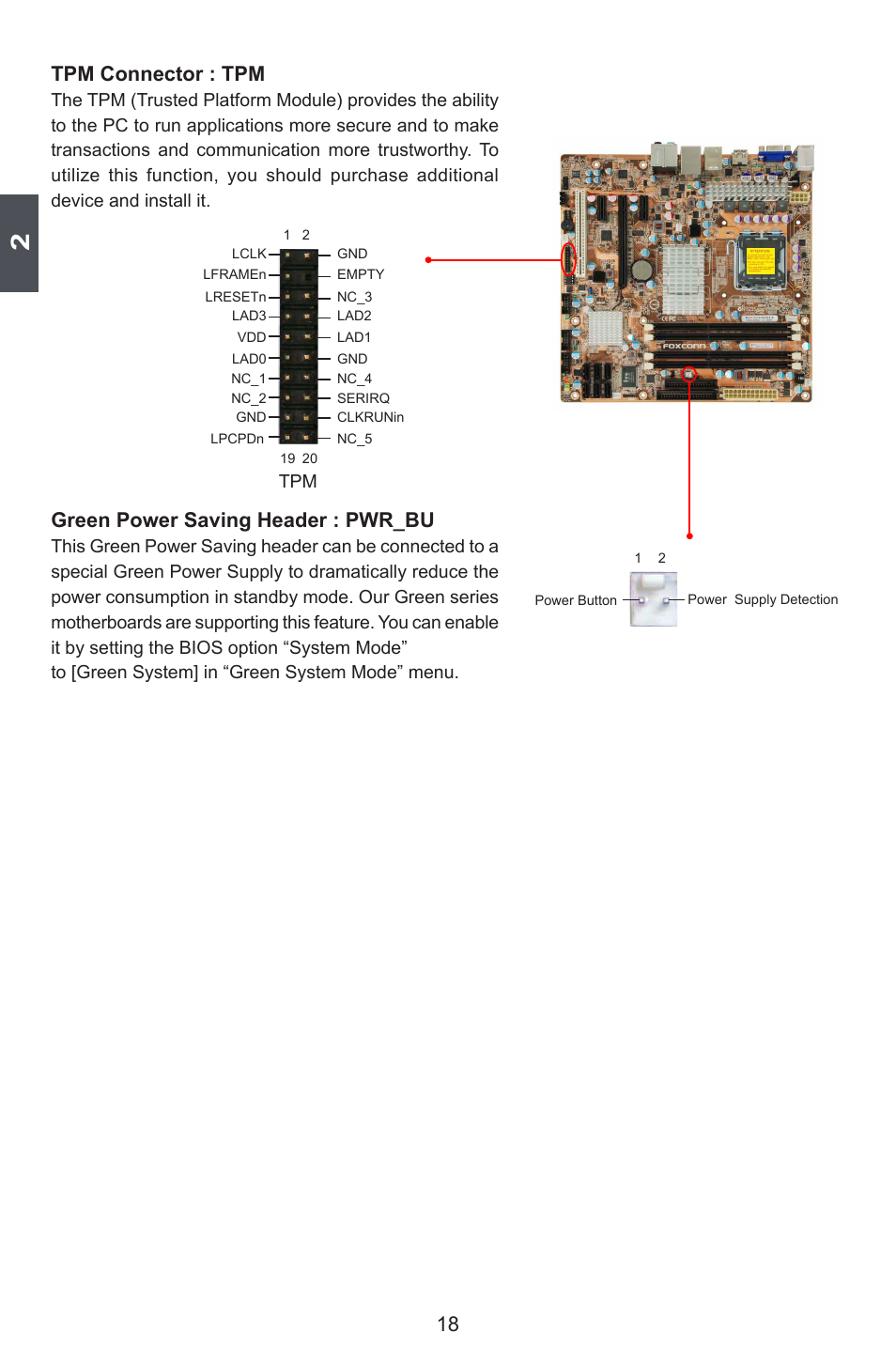 18 tpm connector : tpm, Green power saving header : pwr_bu | Foxconn G45MG User Manual | Page 25 / 124