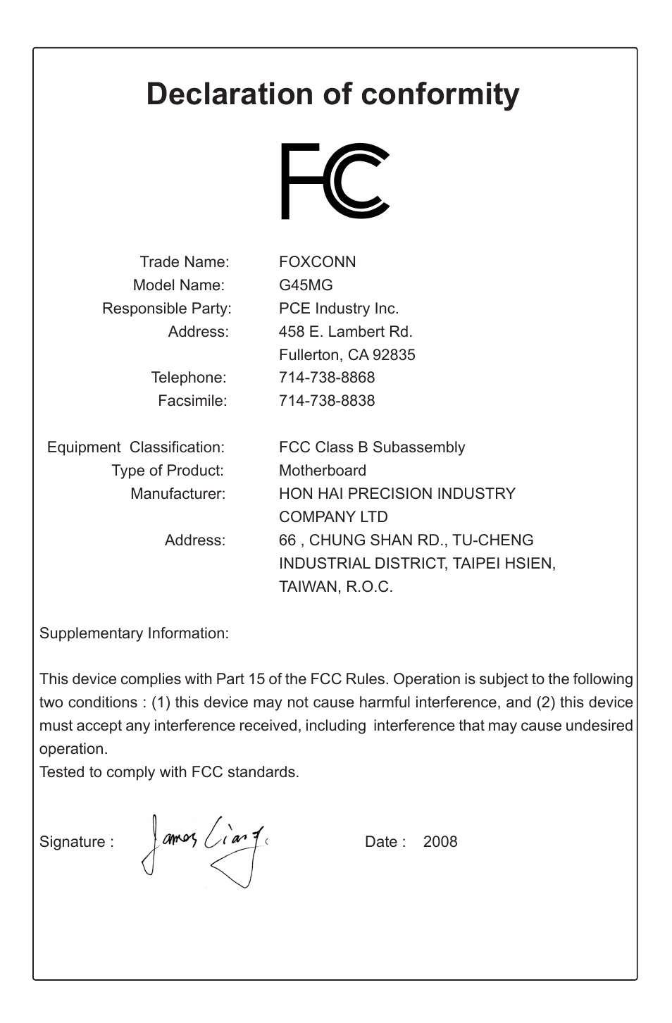 Declaration of conformity | Foxconn G45MG User Manual | Page 4 / 124