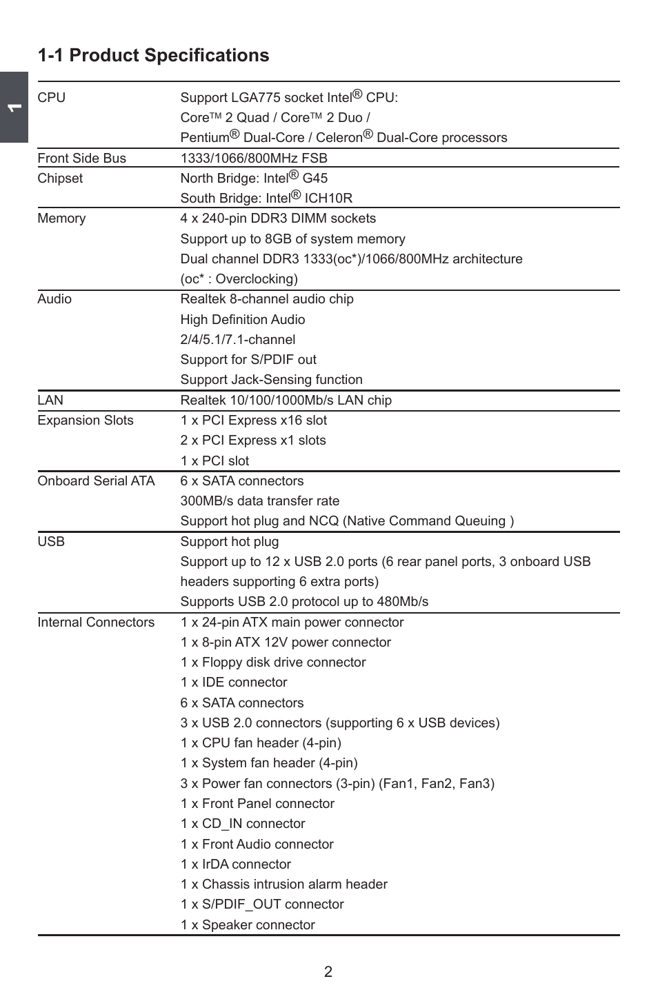 1 product specifications | Foxconn G45MG User Manual | Page 9 / 124