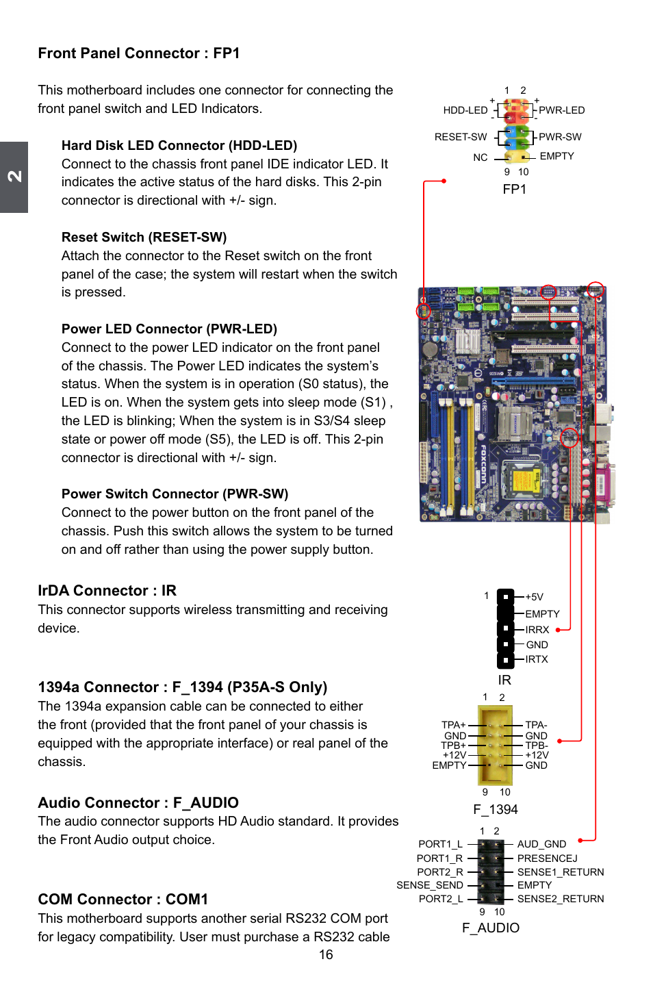 Front panel connector : fp1, Irda connector : ir, Audio connector : f_audio | Com connector : com1 | Foxconn P35A User Manual | Page 23 / 117