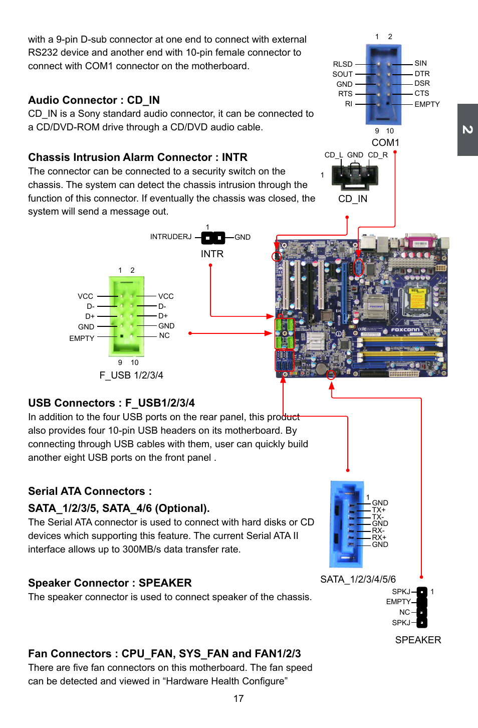 Audio connector : cd_in, Chassis intrusion alarm connector : intr, Usb connectors : f_usb1/2/3/4 | Speaker connector : speaker, Fan connectors : cpu_fan, sys_fan and fan1/2/3 | Foxconn P35A User Manual | Page 24 / 117