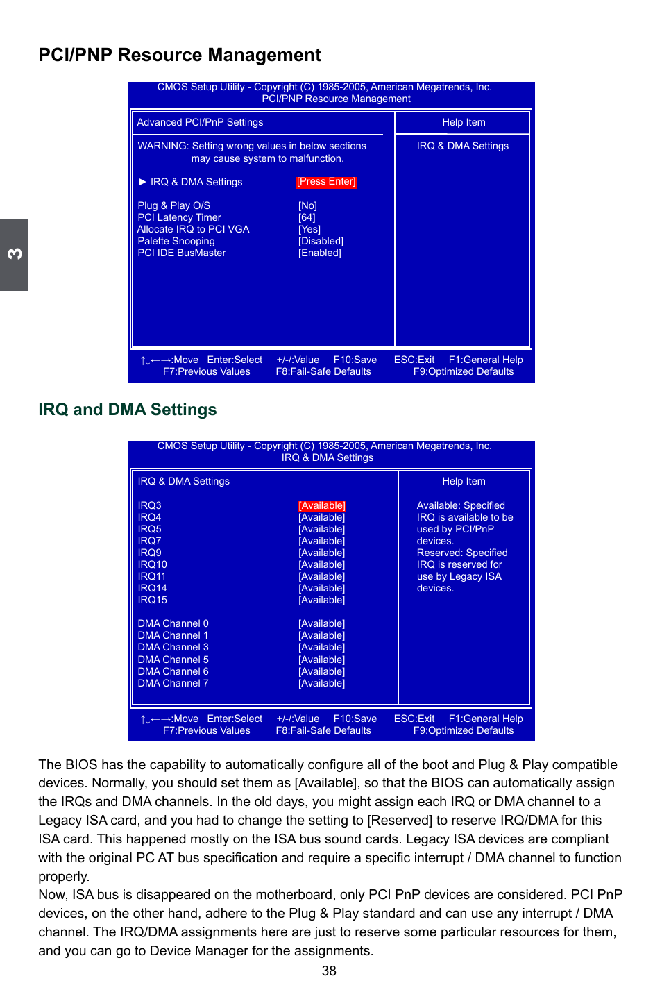 Pci/pnp resource management, Irq and dma settings | Foxconn P35A User Manual | Page 45 / 117