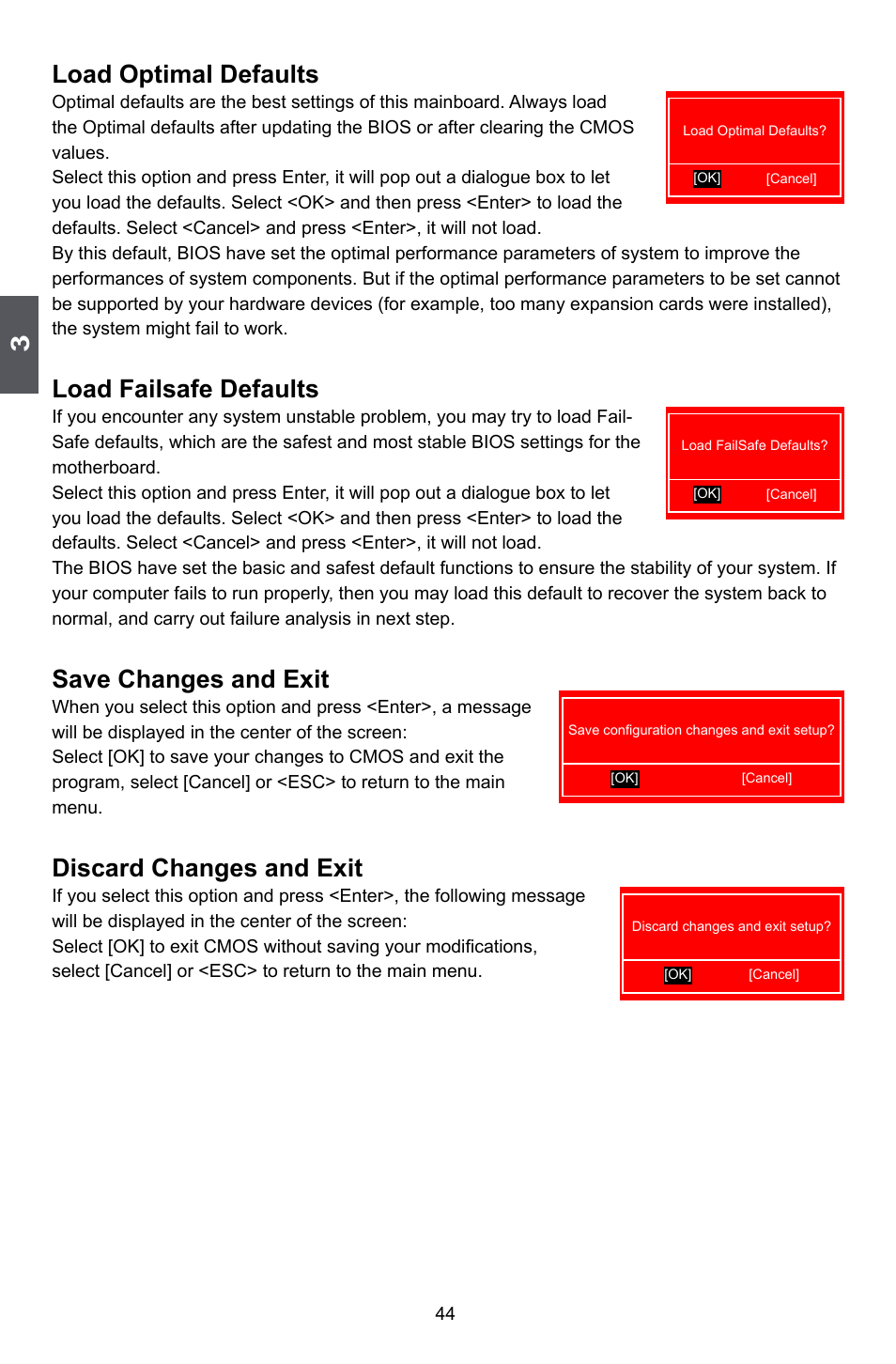 Load optimal defaults, Load failsafe defaults, Save changes and exit | Discard changes and exit | Foxconn P35A User Manual | Page 51 / 117