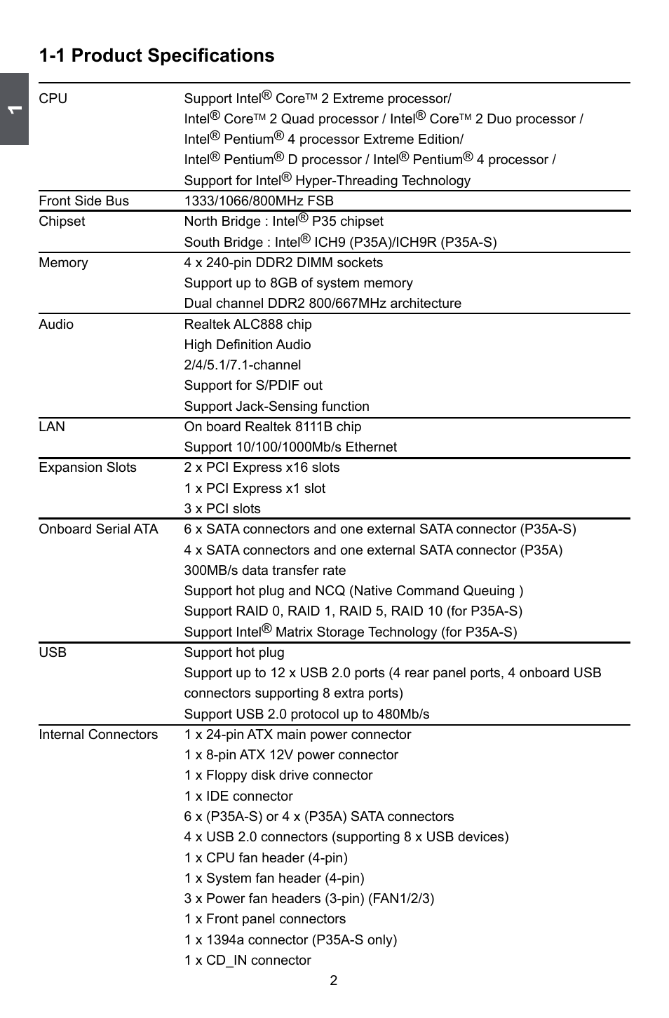 1 product specifications | Foxconn P35A User Manual | Page 9 / 117