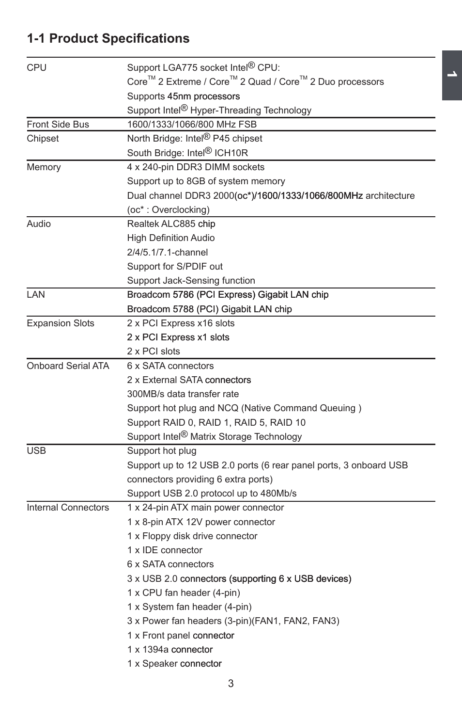 1 product specifications | Foxconn Avenger User Manual | Page 10 / 119