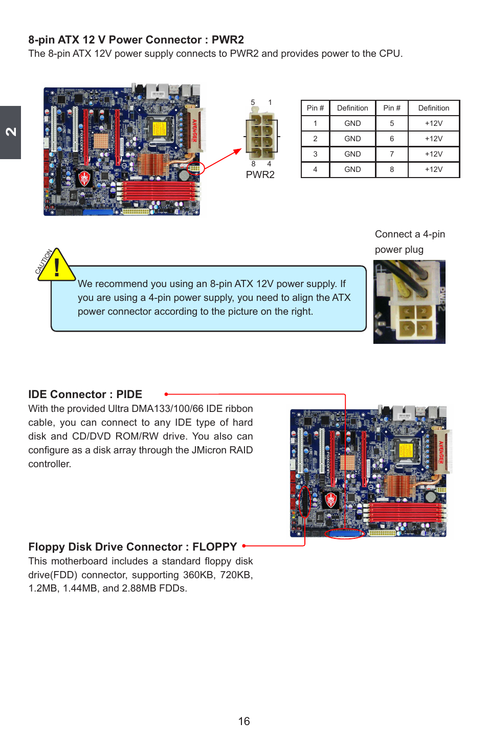 Ide connector : pide, Floppy disk drive connector : floppy, Pin atx 12 v power connector : pwr2 | Foxconn Avenger User Manual | Page 23 / 119