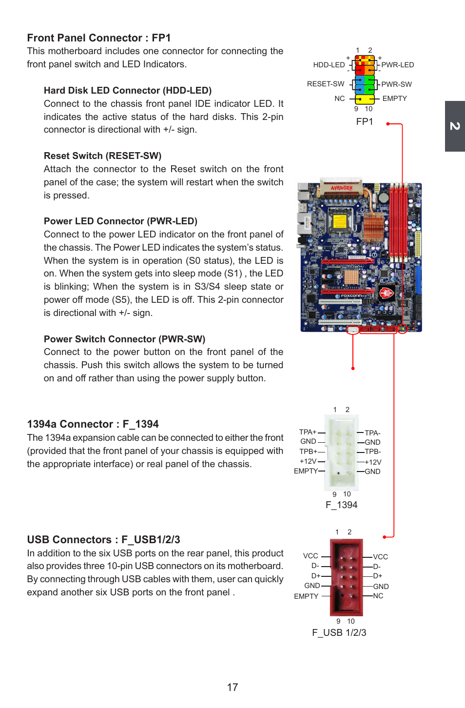 Front panel connector : fp1, Usb connectors : f_usb1/2/3 | Foxconn Avenger User Manual | Page 24 / 119