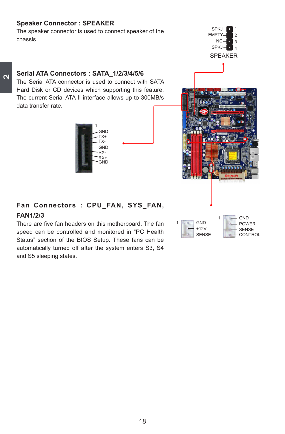 Speaker connector : speaker, Fan connectors : cpu_fan, sys_fan, fan1/2/3 | Foxconn Avenger User Manual | Page 25 / 119