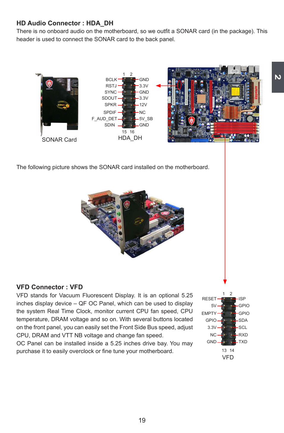 Hd audio connector : hda_dh, Vfd connector : vfd | Foxconn Avenger User Manual | Page 26 / 119