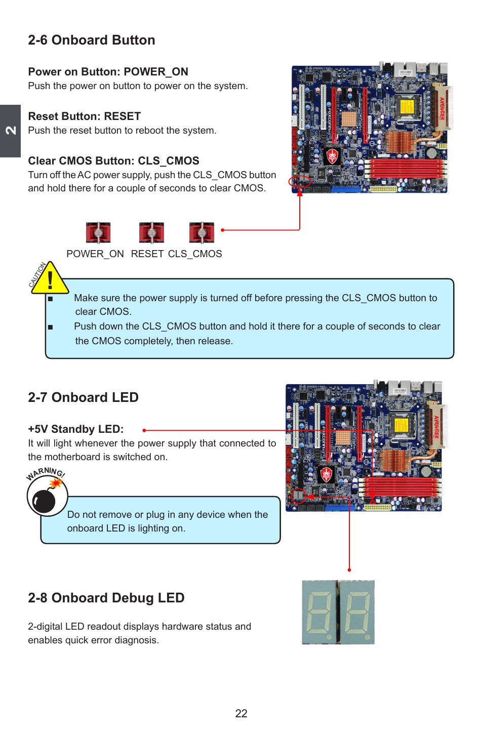 6 onboard button, 7 onboard led, 8 onboard debug led | Foxconn Avenger User Manual | Page 29 / 119