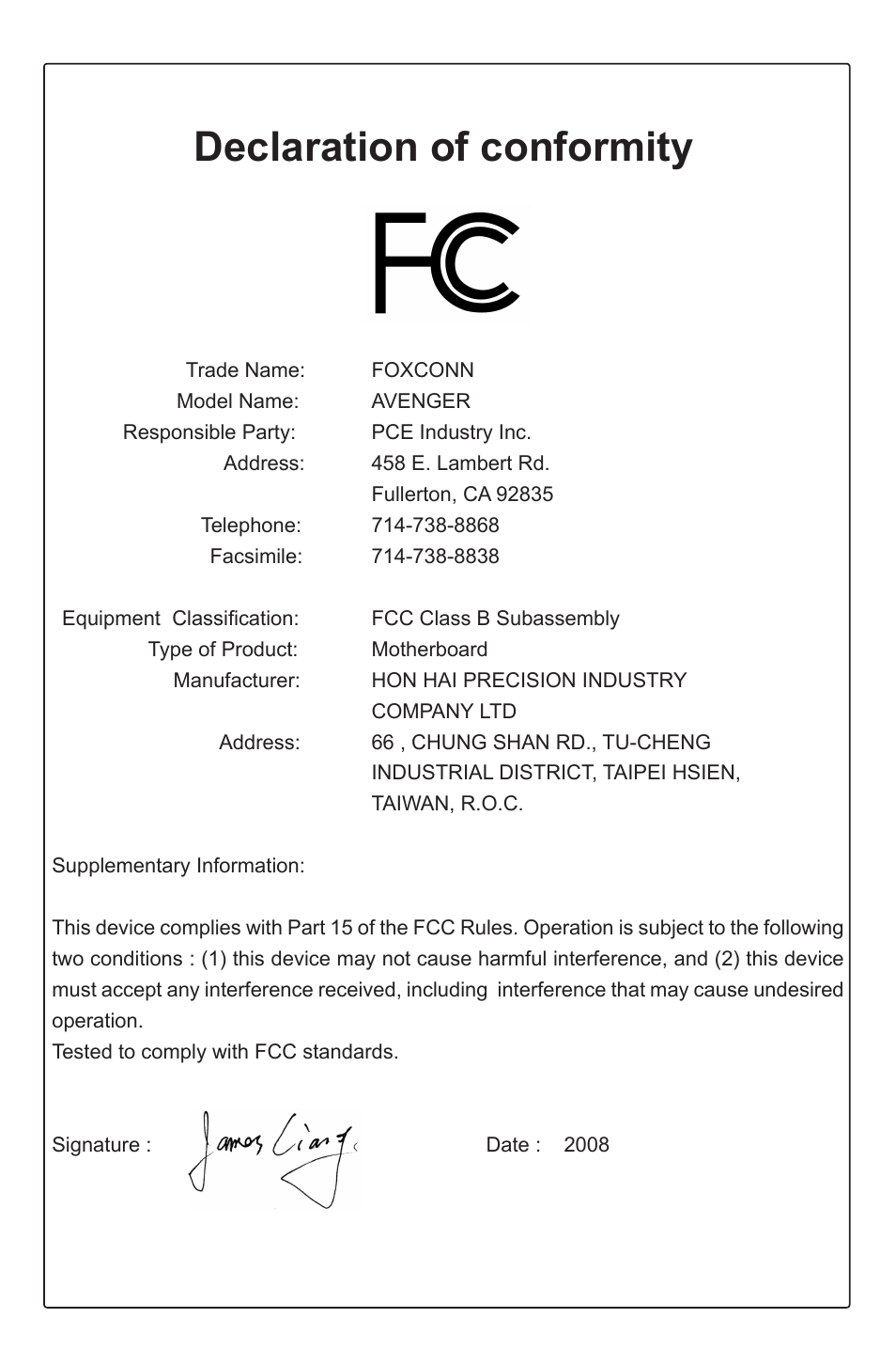 Declaration of conformity | Foxconn Avenger User Manual | Page 4 / 119