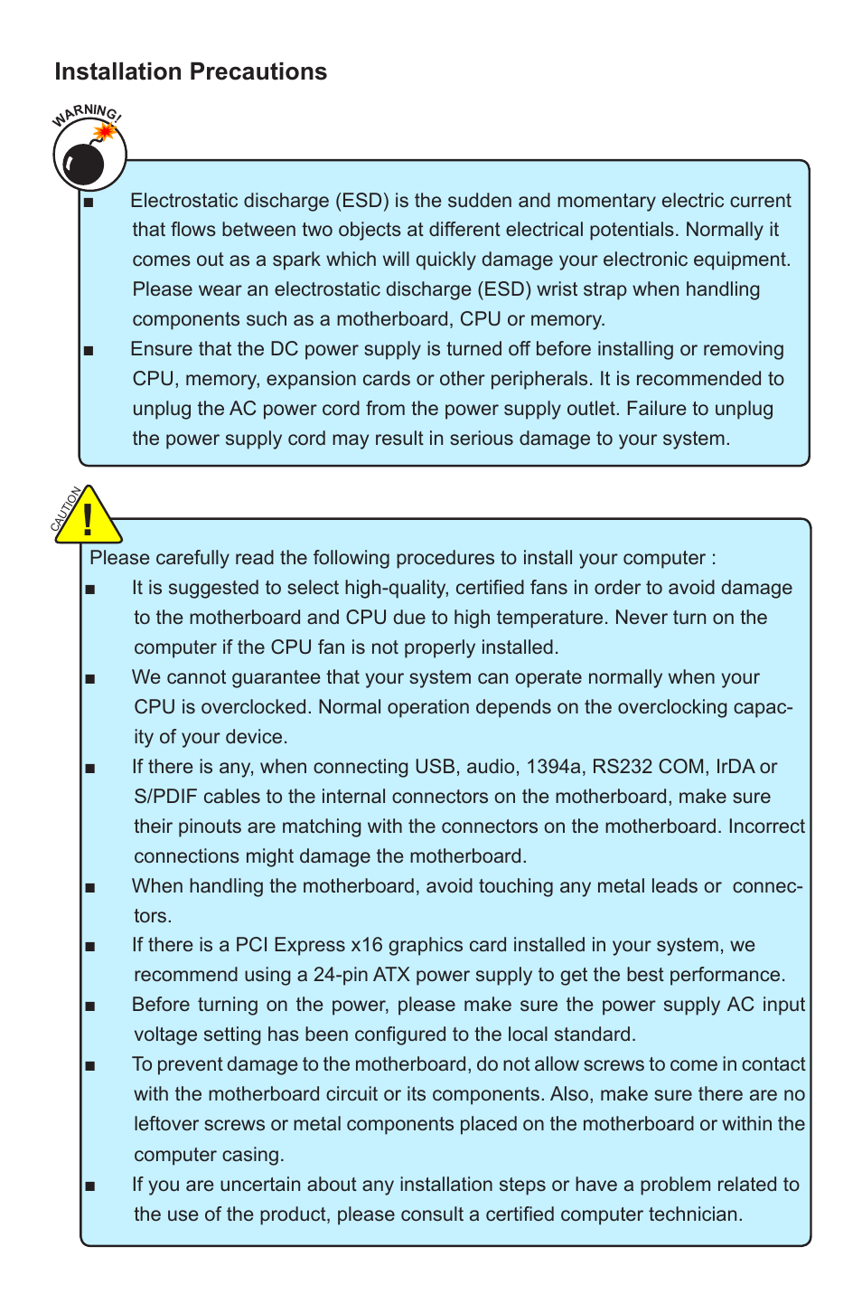 Installation precautions | Foxconn Avenger User Manual | Page 5 / 119