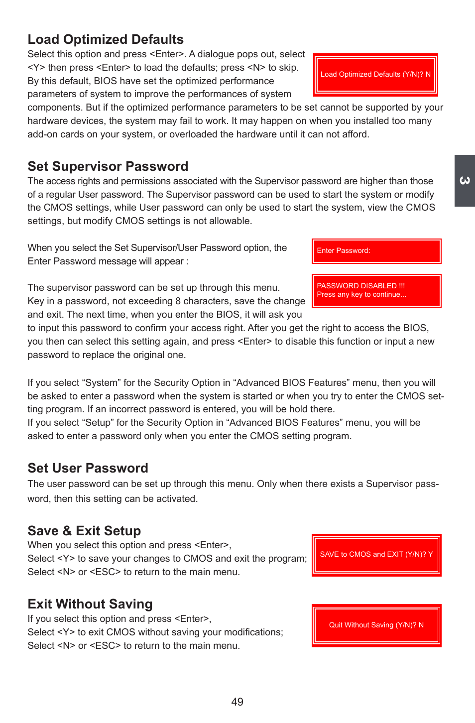 Load optimized defaults, Set supervisor password, Set user password | Save & exit setup, Exit without saving | Foxconn Avenger User Manual | Page 56 / 119