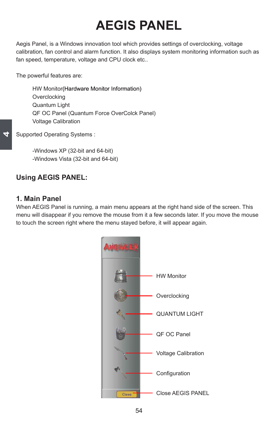 Aegis panel, Using aegis panel: 1. main panel | Foxconn Avenger User Manual | Page 61 / 119