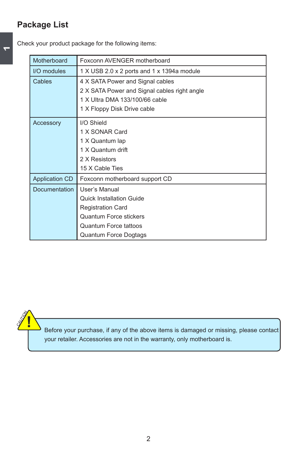 Package list | Foxconn Avenger User Manual | Page 9 / 119