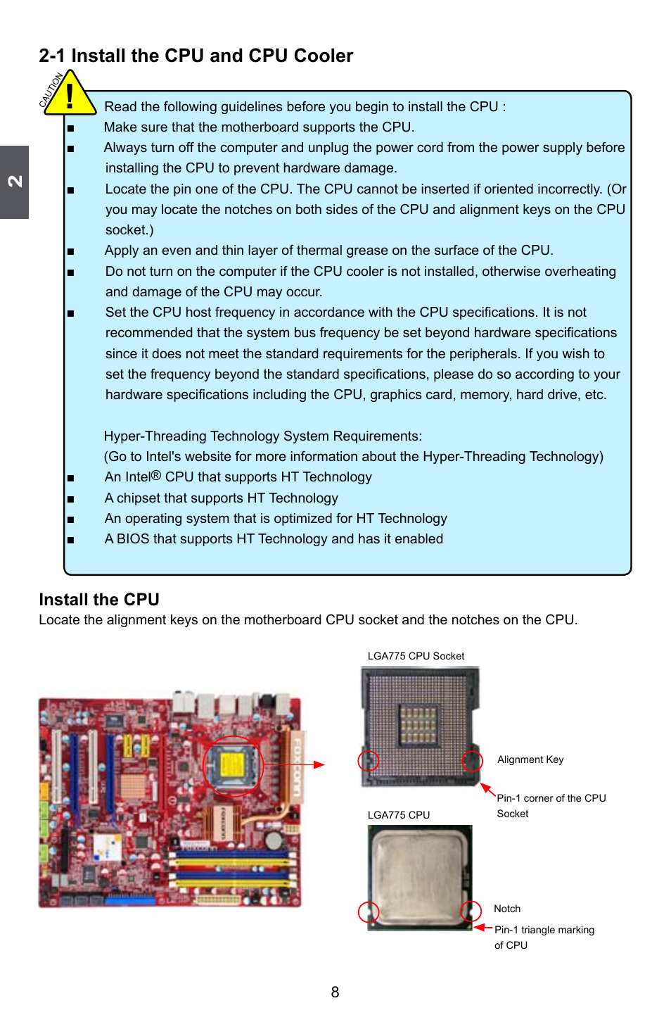 1 install the cpu and cpu cooler, Install the cpu | Foxconn ELA User Manual | Page 15 / 117