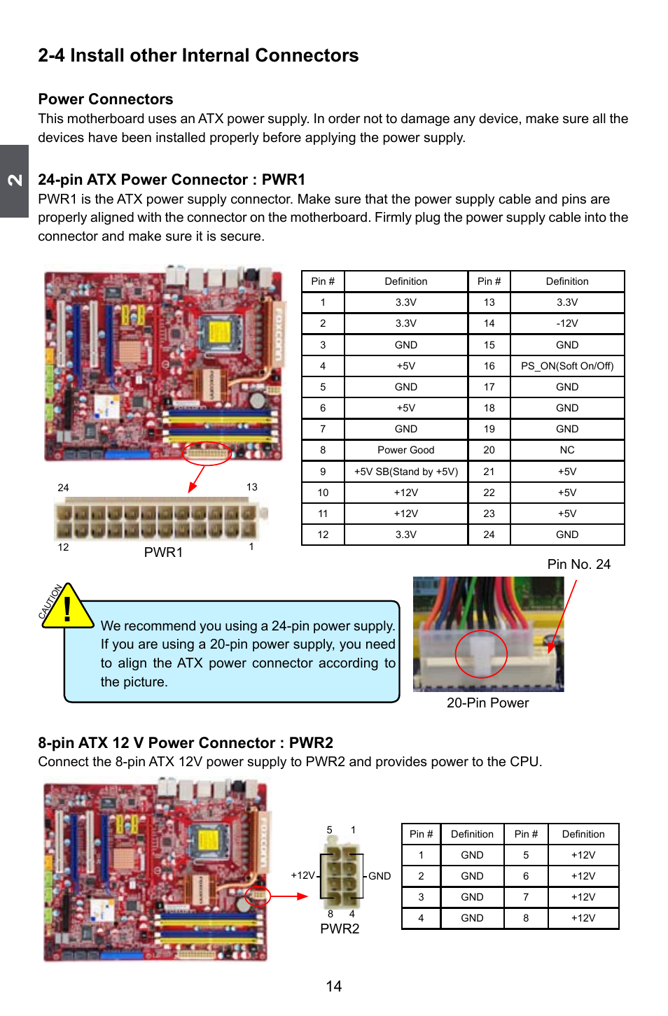 4 install other internal connectors, Power connectors, Pin atx power connector : pwr1 | Pin atx 12 v power connector : pwr2, Pwr1, Pin power pin no. 24, Pwr2 | Foxconn ELA User Manual | Page 21 / 117