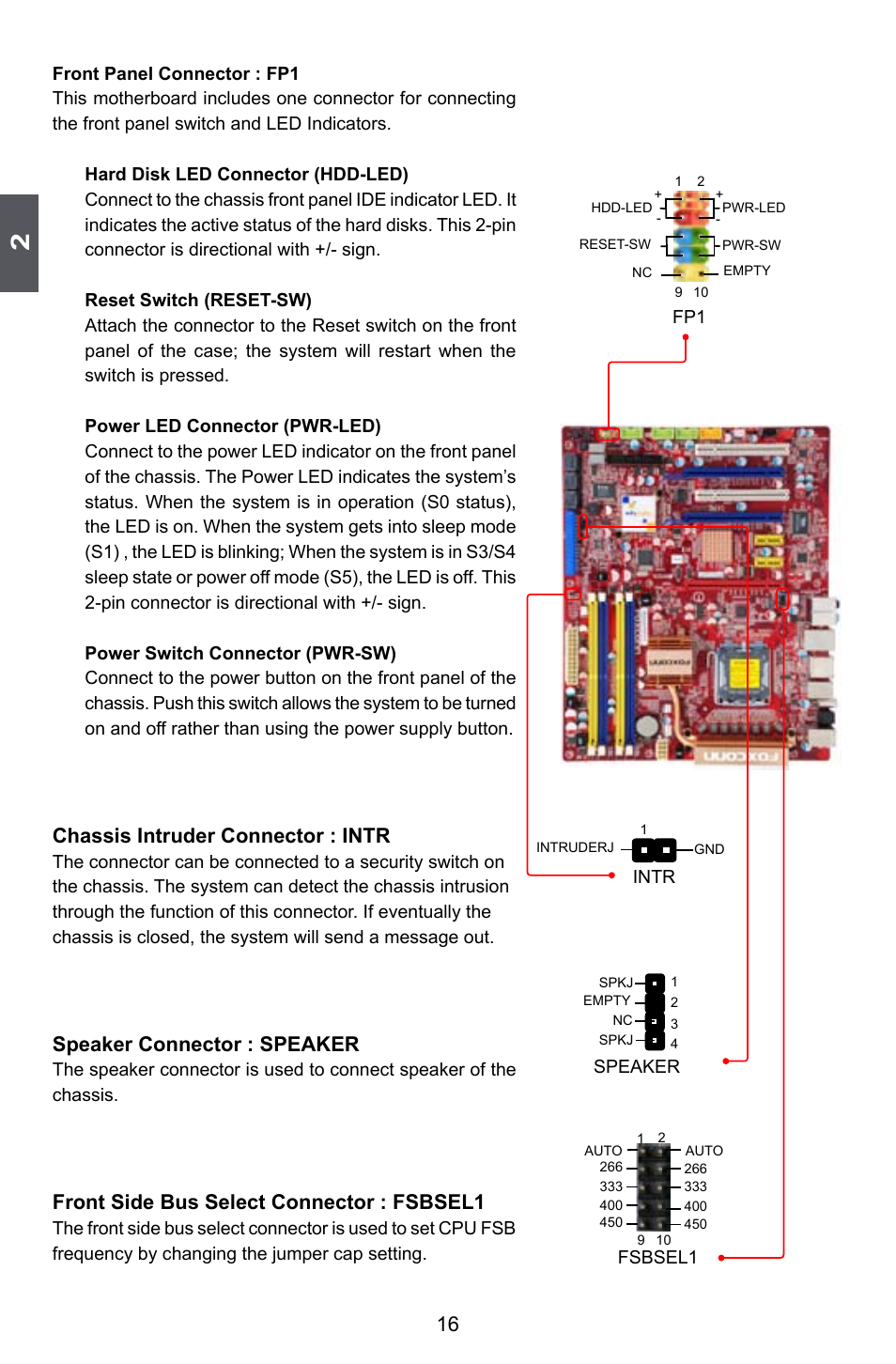 Chassis intruder connector : intr, Speaker connector : speaker, Front side bus select connector : fsbsel1 | Foxconn ELA User Manual | Page 23 / 117