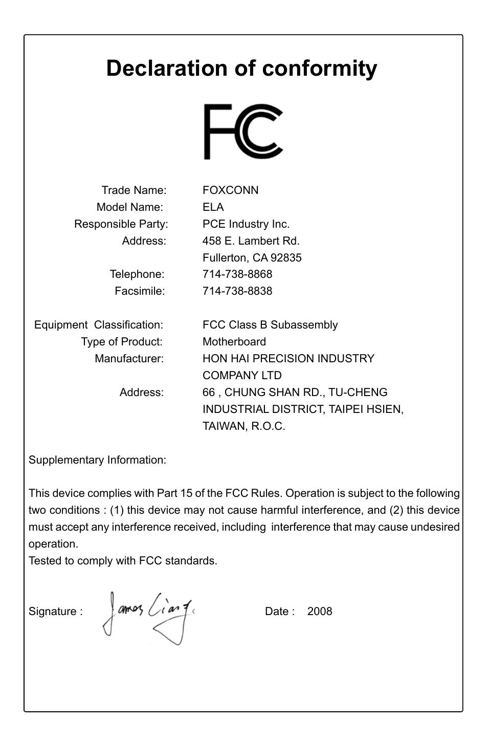 Declaration of conformity | Foxconn ELA User Manual | Page 4 / 117