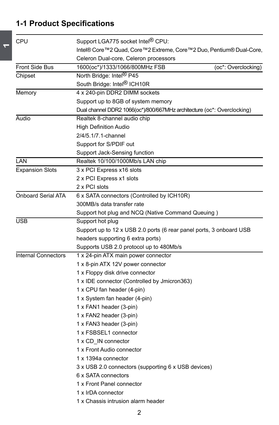 1 product specifications | Foxconn ELA User Manual | Page 9 / 117