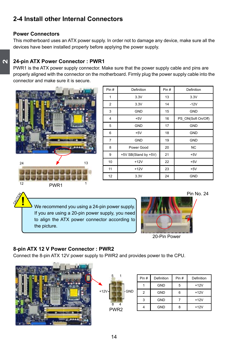4 install other internal connectors, Power connectors, Pin atx power connector : pwr1 | Pin atx 12 v power connector : pwr2, Pwr1, Pin power pin no. 24, Pwr2 | Foxconn P45A User Manual | Page 21 / 116