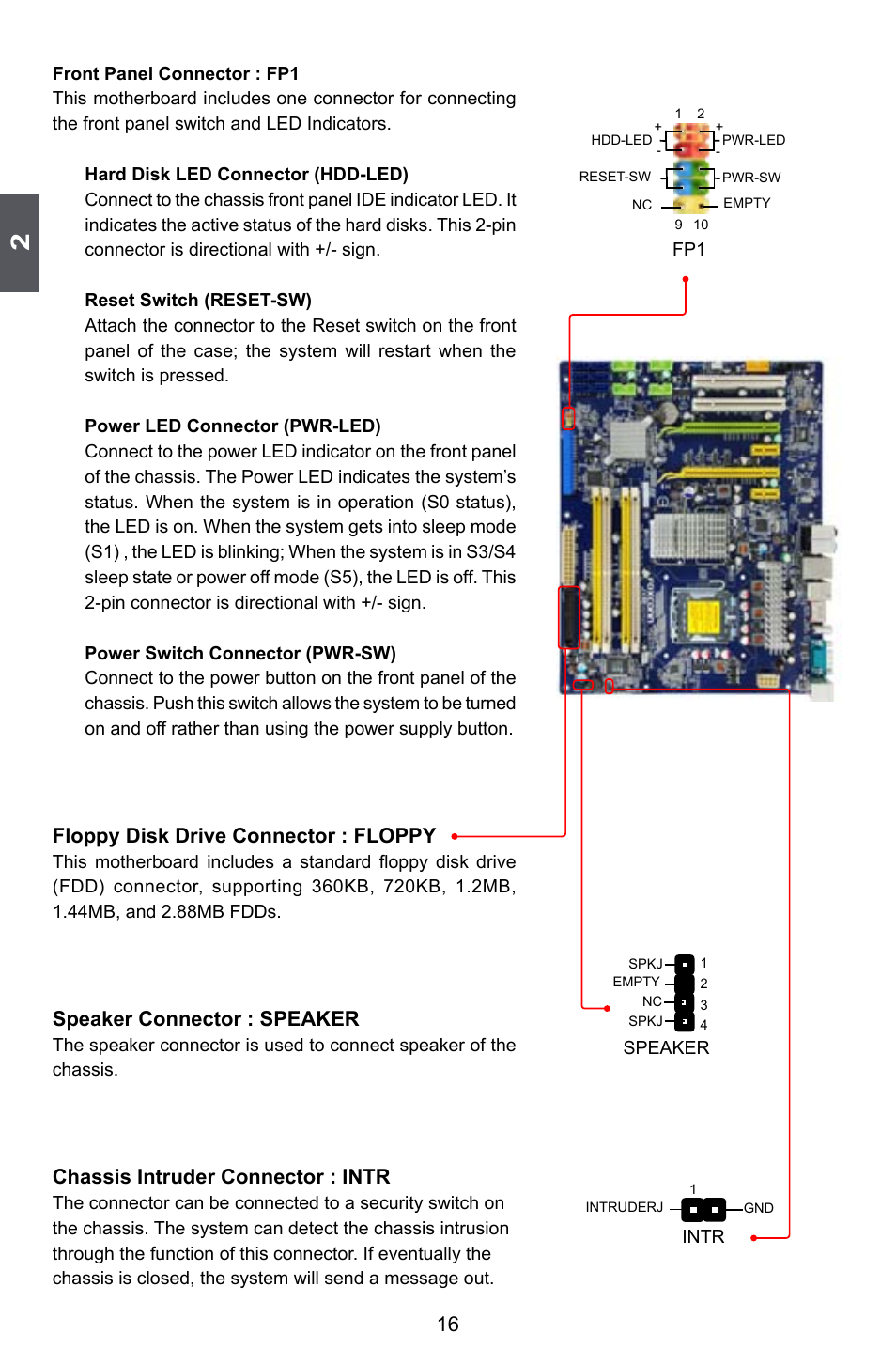 Floppy disk drive connector : floppy, Speaker connector : speaker, Chassis intruder connector : intr | Foxconn P45A User Manual | Page 23 / 116