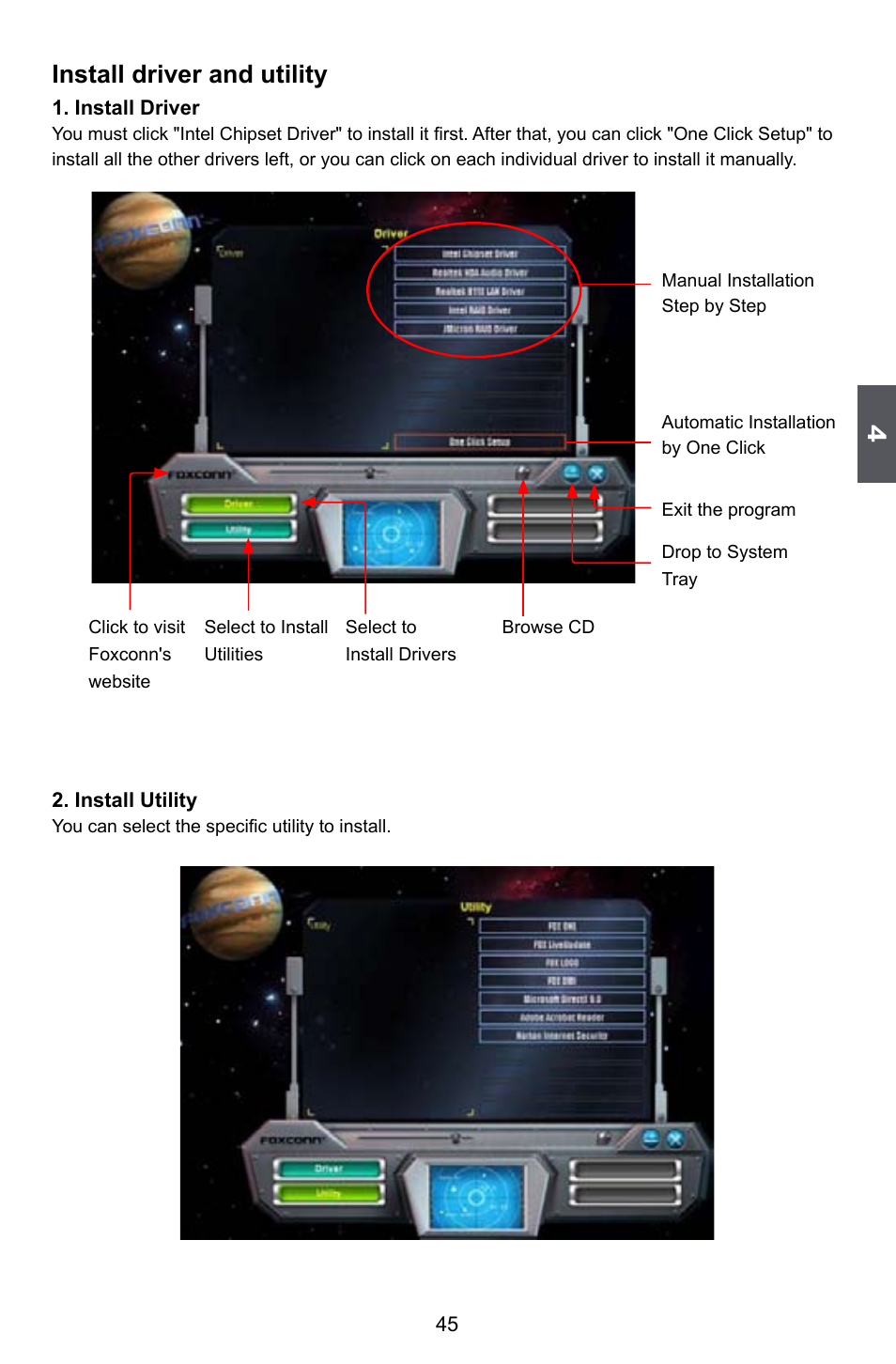 Install driver and utility | Foxconn P45A User Manual | Page 52 / 116